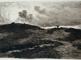 a drawing of a man standing on top of a hill under a cloudy sky