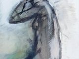 tableau représentant un homme avec une planche de surf appuyée contre un mur