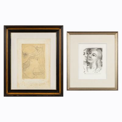 deux dessins encadrés représentant le visage d'une femme et la tête d'un homme