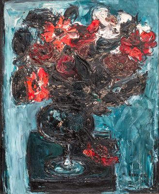 painting of red flowers in a black vase on a blue background