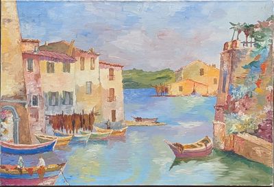 a painting of boats on the water in a harbor