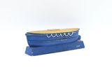 a small blue boat that is sitting on top of a wooden stand