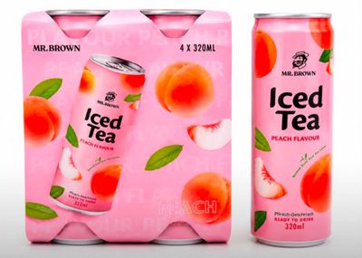 two cans of iced tea with peachs on a pink background