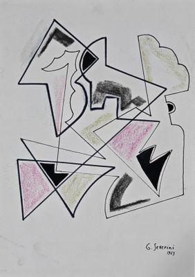 drawing of a black and white abstract painting with pink and black shapes