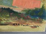 an oil painting of a farm scene with a red barn in the distance