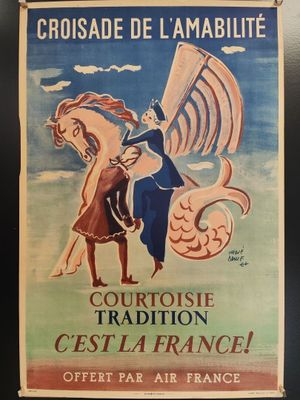 une vieille affiche représentant une femme à cheval, sur lequel est hissé un drapeau