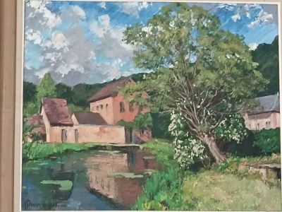 un tableau représentant une maison au bord de l'eau avec un arbre