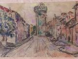 painting of a city street with a clock tower in the distance