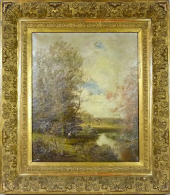 un tableau représentant un paysage avec des arbres et de l'eau, dans un cadre doré