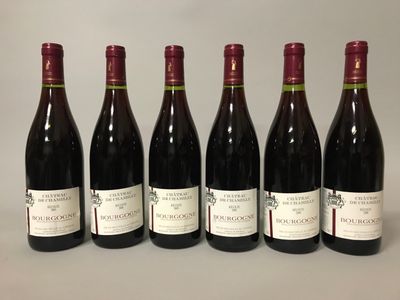 six bouteilles de vin sont alignées sur une table