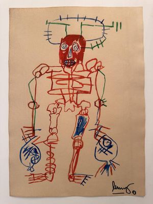 drawing of a skeleton with a red head and a blue face