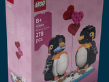 emballage représentant deux pingouins Lego assis sur une boîte rose