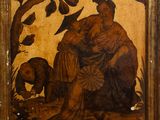 painting of a man sitting under a tree with a dog in the foreground