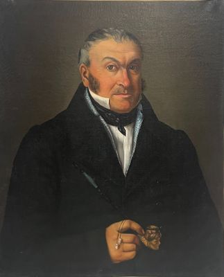 un vieux tableau représentant un homme en costume noir et nœud papillon
