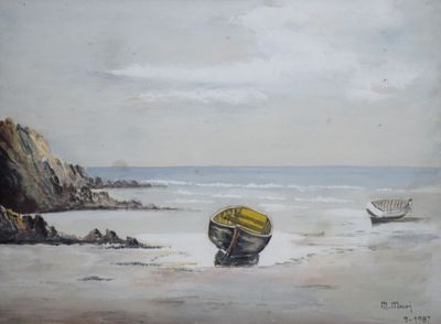 une peinture d'un bateau sur la plage au bord de l'eau