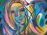 painting of a woman ' s face in a colorful abstract painting