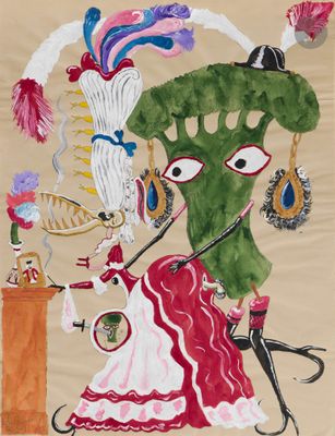 une image représentant un tableau où l'on voit une femme en robe et un homme portant un haut-de-forme