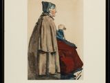 a painting of a woman in a red dress and a man in a brown coat