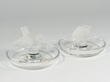 pair of clear glass candle holders with a white flower on each of them