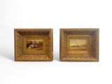 pair of 19th century oil on canvas paintings of figures in a landscape