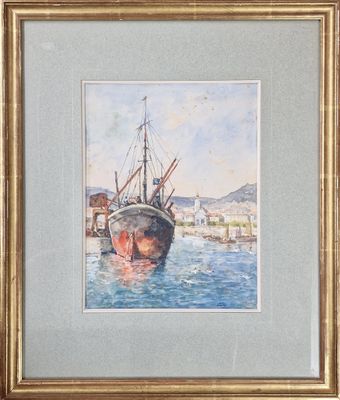 aquarelle encadrée représentant un bateau dans un port, avec une ville en arrière-plan