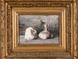 an oil painting of garlic and garlic on a wooden surface