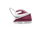a red and white steam iron sitting on top of a white surface