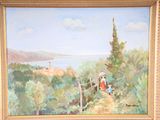 a painting of a woman sitting on a bench by the water