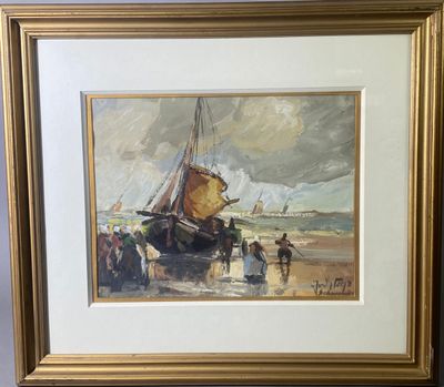 tableau représentant un bateau sur la plage avec des personnes à bord