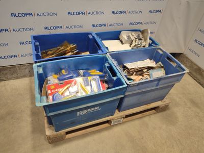two blue bins filled with assorted items on a pallet