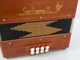 a close up of an accordion with buttons and a wooden case