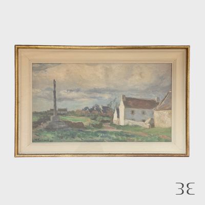 une image représentant une peinture d'une ferme avec une maison en arrière-plan