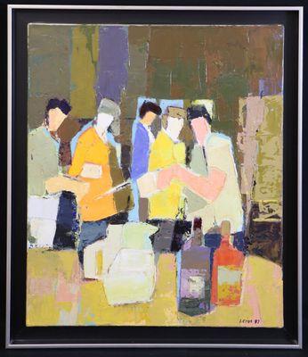 an oil painting of a group of people standing around a table