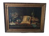 tableau représentant une nature morte avec des livres et un vase posés sur une table