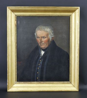 a portrait of a man in a black coat and white hair