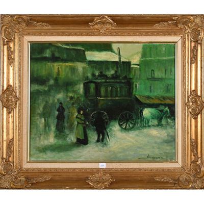 une image représentant un tableau où l'on voit une calèche tirée par des chevaux dans une rue enneigée