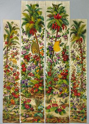 a painting of a tropical scene with palm trees and flowers