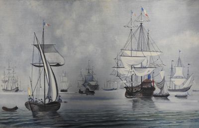 une peinture représentant un groupe de bateaux sur l'eau
