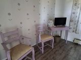 two chairs and a desk in a room with a wallpapered wall
