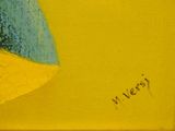 painting of a blue and yellow bird on a yellow background
