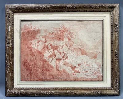 an old picture of a painting of a man and woman in a landscape