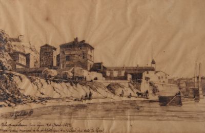 un vieux dessin représentant une rivière avec un bateau sur l'eau
