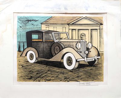 un dessin représentant une vieille voiture garée devant une maison