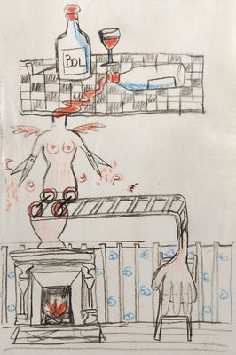 drawing of a person standing in front of a stove with a bottle of wine on top of it