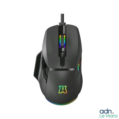 the mouse is black and has a rainbow light on it