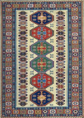 a rug with a multicolored design on a white background