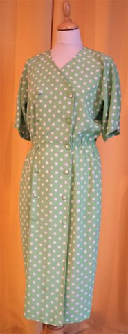 RODIER Paris – Robe vintage verte à pois blancs. Longue fermeture...