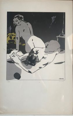 a black and white picture of a naked woman laying on a bed