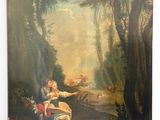 an old painting of a woman and child in a wooded setting