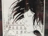 a drawing of a woman with long hair in a glass case